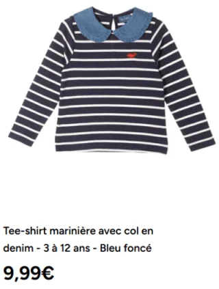 Tee-shirt marinière avec col en denim - 3 à 12 ans - Bleu foncé