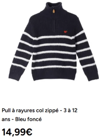 Pull à rayures col zippé - 3 à 12 ans - Bleu foncé