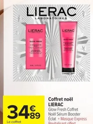 Coffret noël LIERAC Glow Fresh Coffret Noël Sérum Booster Éclat + Masque Express Revitalisant offert.