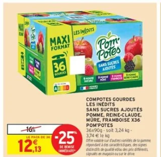 Compotes gourdes Les Inédits sans sucres ajoutés Pomme, Reine-Claude, Mûre, Framboise x36 Pom'Potes