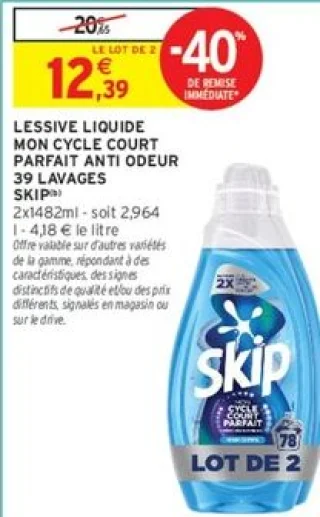 Lessive liquide Mon Cycle Court Parfait Anti Odeur 39 lavages Skip
