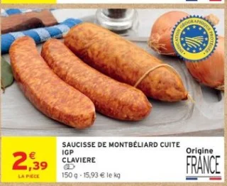 Saucisse de Montbéliard cuite IGP Claviere