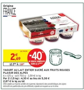 Yaourt au lait entier sucré aux fruits rouges Plaisir des Alpes