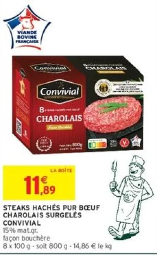 Steaks hachés pur bœuf Charolais surgelés Convivial