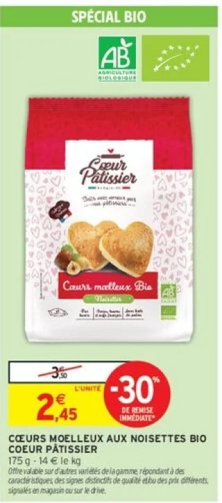 Cœurs moelleux aux noisettes bio Cœur Pâtissier