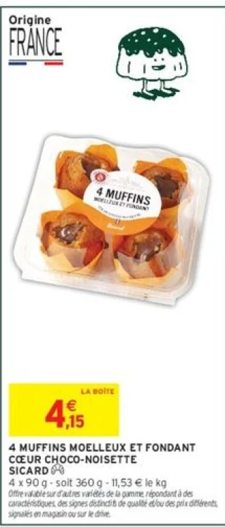 4 muffins moelleux et fondant cœur choco-noisette Sicard
