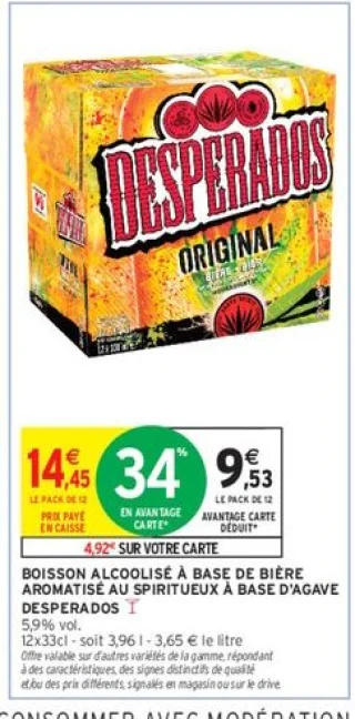 BOISSON ALCOOLISÉ À BASE DE BIÈRE AROMATISÉ AU SPIRITUEUX À BASE D'AGAVE DESPERADOS