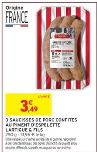 3 saucisses de porc confites au piment d'Espelette Lartigue & Fils