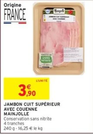 Jambon cuit supérieur avec couenne Mainjolle