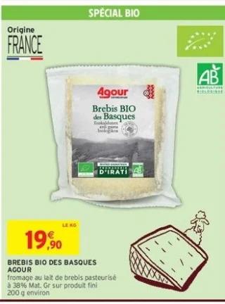 Fromage au lait de brebis pasteurisé Brebis Bio des Basques Agour