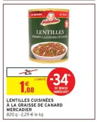 Lentilles cuisinées à la graisse de canard Mercadier
