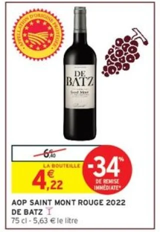 Vin rouge AOP Saint Mont Rouge 2022 De Batz