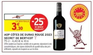 Vin rouge AOP Côtes de Duras Rouge 2023 Secret de Berticot