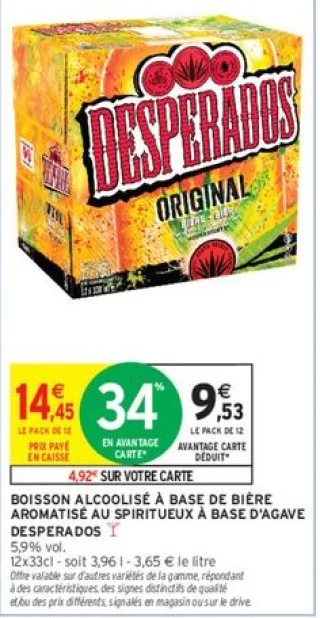 Boisson alcoolisée à base de bière aromatisée au spiritueux à base d'agave DESPERADOS 12x33cl
