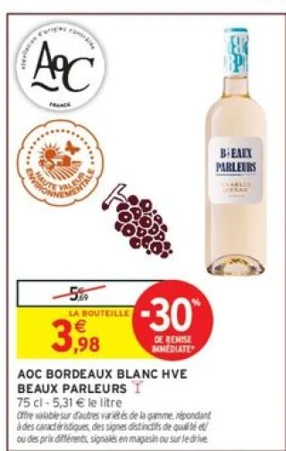 Vin blanc AOC Bordeaux HVE Beaux Parleurs
