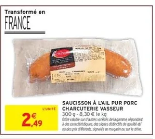 Saucisson à l'ail pur porc Charcuterie Vasseur