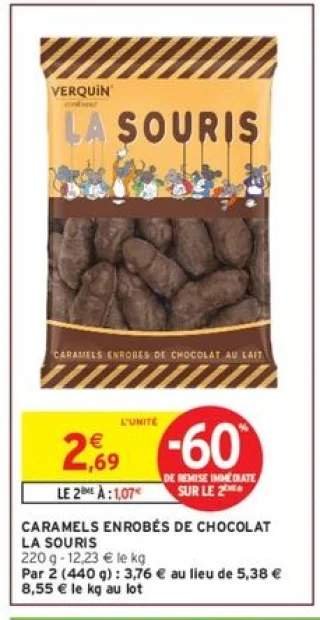 Caramels enrobés de chocolat La Souris Verquin
