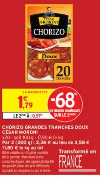 Chorizo grandes tranches doux César Moroni