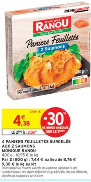 4 paniers feuilletés surgelés aux 2 saumons Monique Ranou