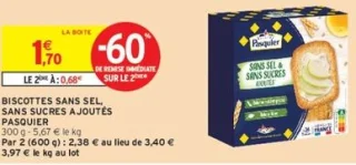 Biscottes sans sel, sans sucres ajoutés Pasquier