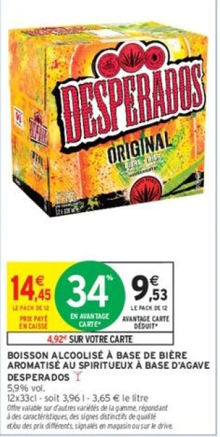 Boisson alcoolisée à base de bière aromatisée au spiritueux à base d'agave Desperados Original