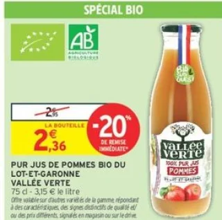 Pur jus de pommes Bio du Lot-et-Garonne Vallée Verte