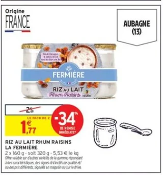Riz au lait rhum raisins La Fermière