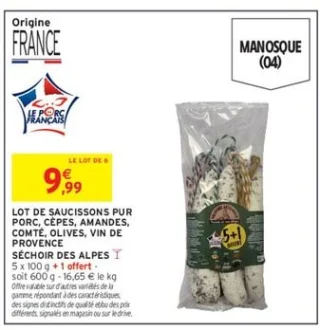 Lot de saucissons pur porc, cèpes, amandes, comté, olives, vin de Provence Séchoir des Alpes