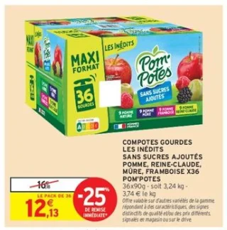 Compotes gourdes les inédits sans sucres ajoutés Pomme, Reine-Claude, Mûre, Framboise Pom'Potes