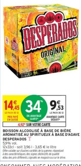 Boisson alcoolisée à base de bière aromatisée au spiritueux à base d'agave DESPERADOS ORIGINAL 5,9% vol.