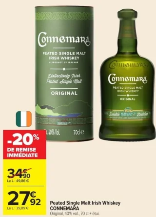 Peated Single Malt Irish Whiskey CONNEMARA Original, 40% vol., 70 cl + étui.