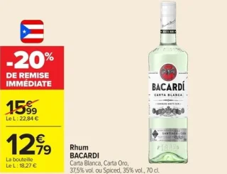 Rhum BACARDI Carta Blanca, Carta Oro, 37,5% vol. ou Spiced, 35% vol., 70 cl.