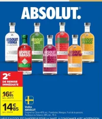 Vodka ABSOLUT Original ou Citron 40% vol., Framboise, Mangue, Fruit de la passion, Pastèque ou Tabasco 38% vol., 70 cl.