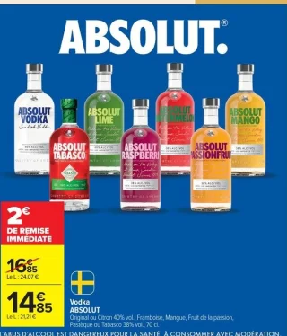 Vodka ABSOLUT Original ou Citron 40% vol., Framboise, Mangue, Fruit de la passion, Pastèque ou Tabasco 38% vol., 70 cl.