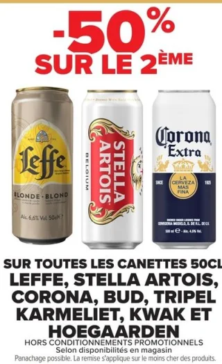 Canettes 50cl Leffe, Stella Artois, Corona, Bud, Tripel Karmeliet, Kwak et Hoegaarden