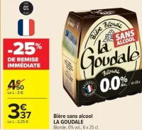 Bière sans alcool LA GOUDALE Blonde, 0% vol., 6 x 25 cl.
