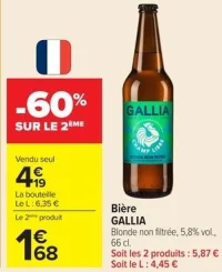 Bière GALLIA Blonde non filtrée, 5,8% vol., 66 cl.
