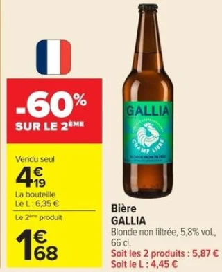 Bière GALLIA Blonde non filtrée, 5,8% vol., 66 cl.