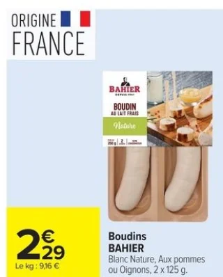Boudins Blanc Nature, Aux pommes ou Oignons Bahier