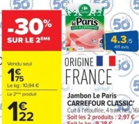 Jambon Le Paris Cuit à l'étouffée Carrefour Classic'