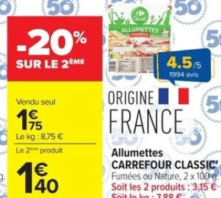 Allumettes Fumées ou Nature Carrefour Classic'