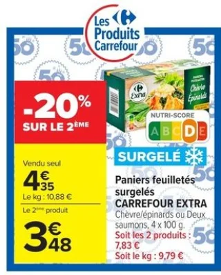 Paniers feuilletés surgelés CARREFOUR EXTRA Chèvre/épinards ou Deux saumons, 4 x 100 g.
