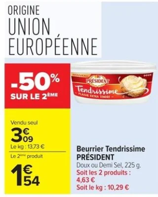 Beurrier Tendrissime PRÉSIDENT Doux ou Demi Sel, 225 g.