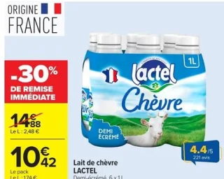 Lait de chèvre LACTEL Demi-écrémé, 6 x 1 L.