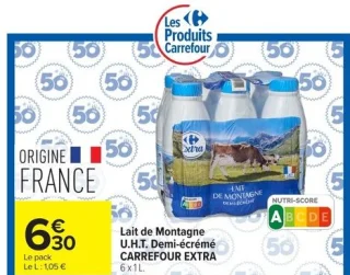 Lait de Montagne U.H.T. Demi-écrémé CARREFOUR EXTRA 6 x 1 L.