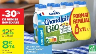 Lait U.H.T. Bio "Format Familial" GRANDLAIT Demi-écrémé, le pack 8 x 1 L.