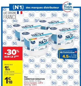 Skyr CARREFOUR SENSATION Nature, 0% M.G