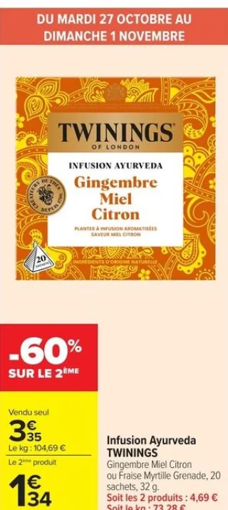 Infusion Ayurveda TWININGS Gingembre Miel Citron