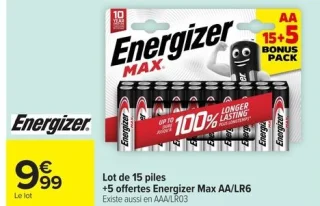 Piles Energizer Max AA/LR6 - Lot de 15 + 5 offertes