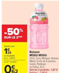 Boisson MOGU MOGU Litchi, Coco, Mangue, Ananas, Melon, Fruits de la passion, Cassis, Pastèque ou Fraise, 32 cl.
